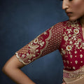 Beige Gold Embroidered Designer Saree Heavy Border Red Blouse
