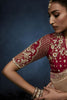 Beige Gold Embroidered Designer Saree Heavy Border Red Blouse