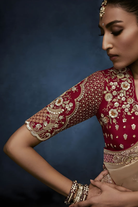 Beige Gold Embroidered Designer Saree Heavy Border Red Blouse