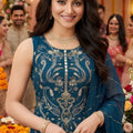 Royal Teal Blue Georgette Embroidered Palazzo Suit with Designer Dupatta
