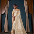 Regal Cream Pure Satin Silk Banarasi Weaving Designer Saree for Women