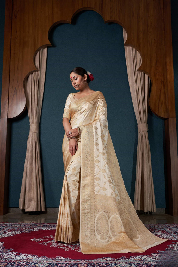 Regal Cream Pure Satin Silk Banarasi Weaving Designer Saree for Women