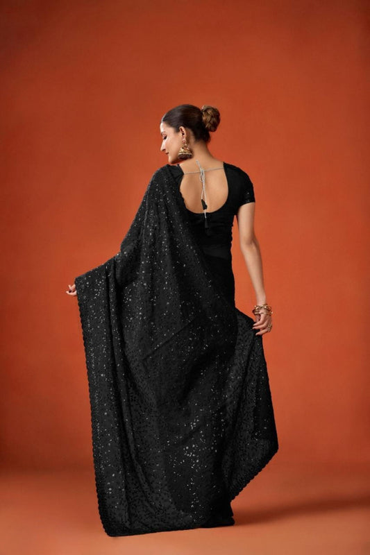 Black Sequin Embroidered Saree with Blouse Party Wear Saree
