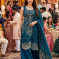 Royal Teal Blue Georgette Embroidered Palazzo Suit Designer Dupatta