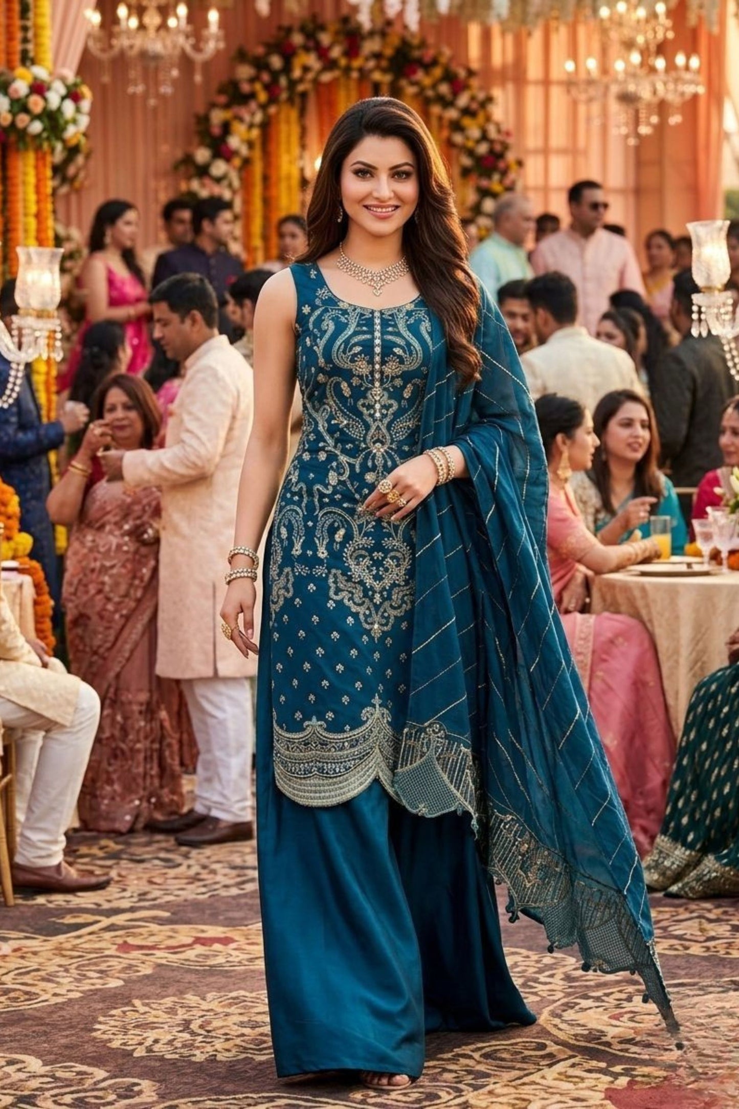 Royal Teal Blue Georgette Embroidered Palazzo Suit Designer Dupatta