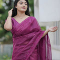 Wine Purple Organza Saree Embroidered Border Designer Blouse