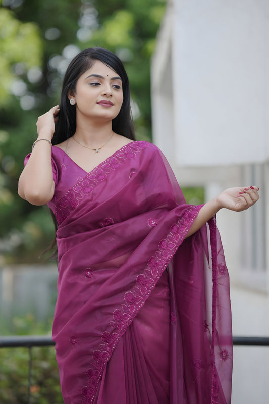 Wine Purple Organza Saree Embroidered Border Designer Blouse