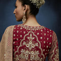 Beige Gold Embroidered Designer Saree Heavy Border Red Blouse