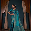 Exquisite Teal Blue Pure Satin Silk Banarasi Weaving  Saree for Women