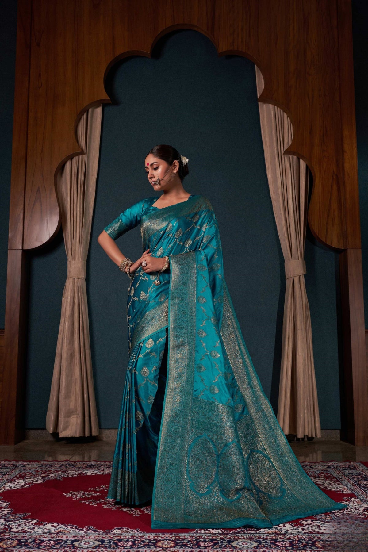 Exquisite Teal Blue Pure Satin Silk Banarasi Weaving  Saree for Women