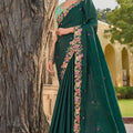 Dark Green Floral Embroidered Designer Saree with Lace Border