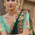 Dark Green Floral Embroidered Designer Saree with Lace Border