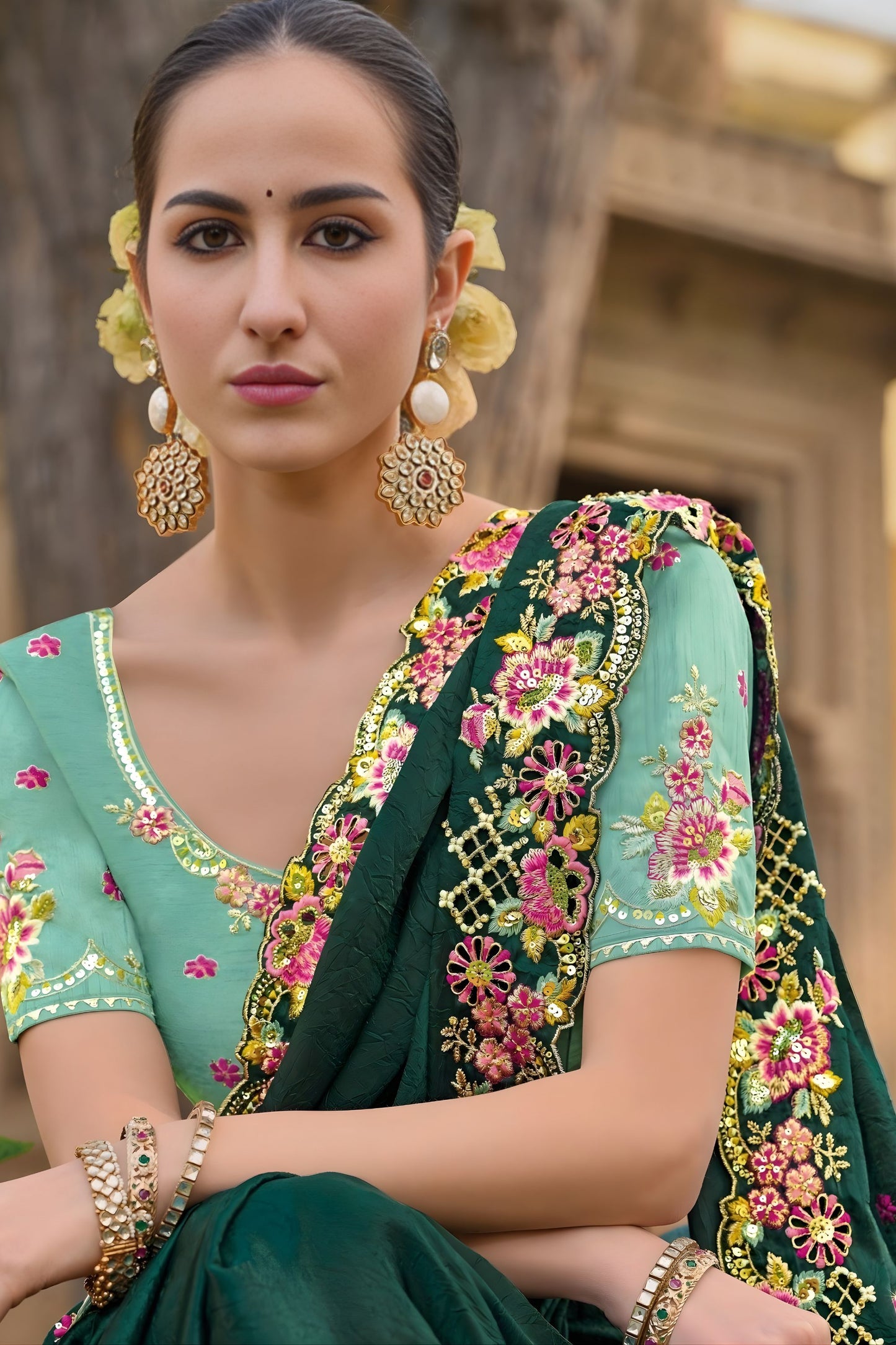 Dark Green Floral Embroidered Designer Saree with Lace Border