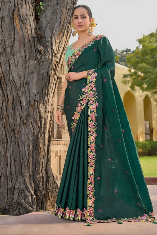 Dark Green Floral Embroidered Designer Saree with Lace Border