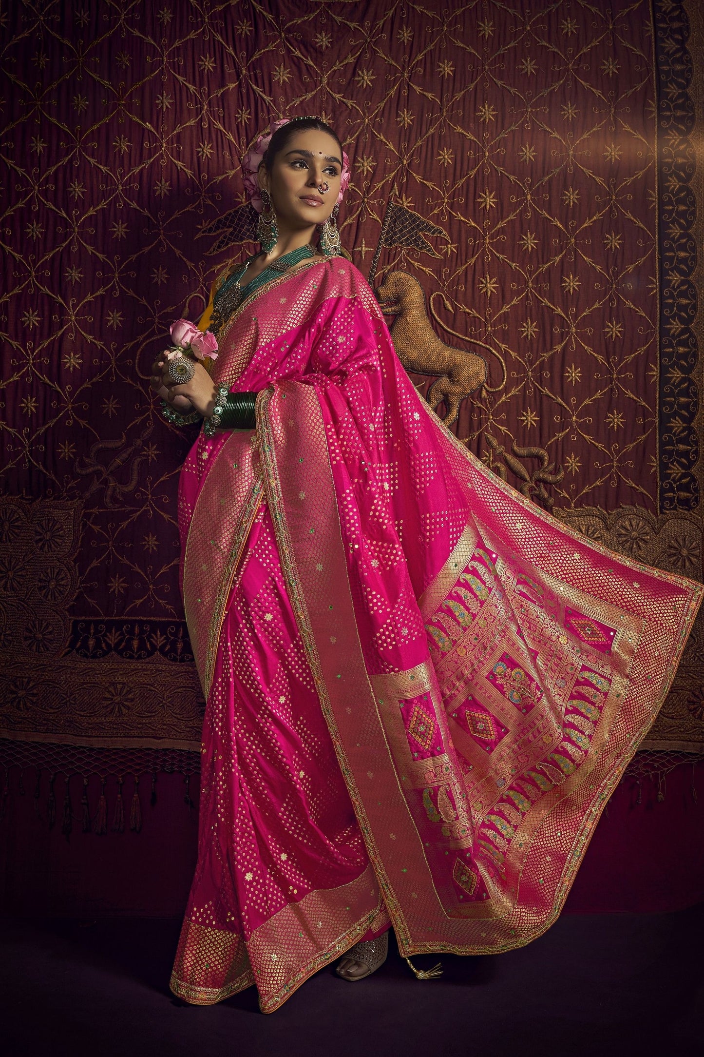 Gorgeous Rani Pink Viscose Dola Silk Saree Zari Work Embroidery Work for Women