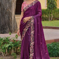 Wine Purple Floral Embroidered Designer Saree Embroidered Border