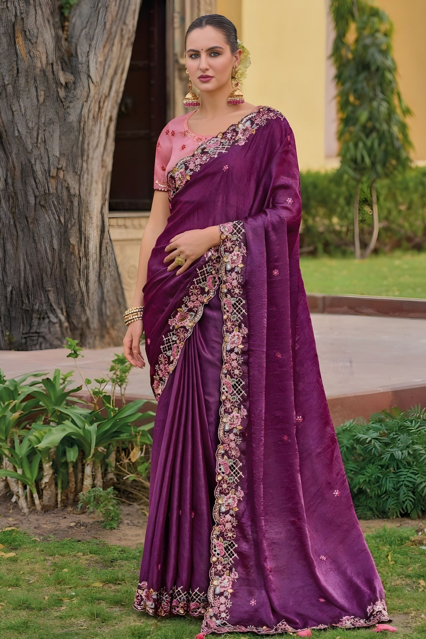 Wine Purple Floral Embroidered Designer Saree Embroidered Border