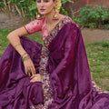 Wine Purple Floral Embroidered Designer Saree Embroidered Border