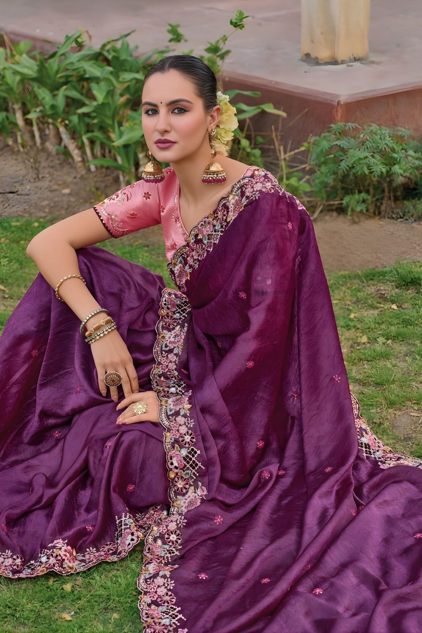 Wine Purple Floral Embroidered Designer Saree Embroidered Border