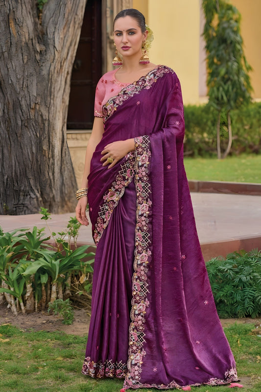 Wine Purple Floral Embroidered Designer Saree Embroidered Border