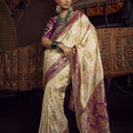 Stylish Cream Viscose Dola Silk Saree Zari Embroidery Work for Women