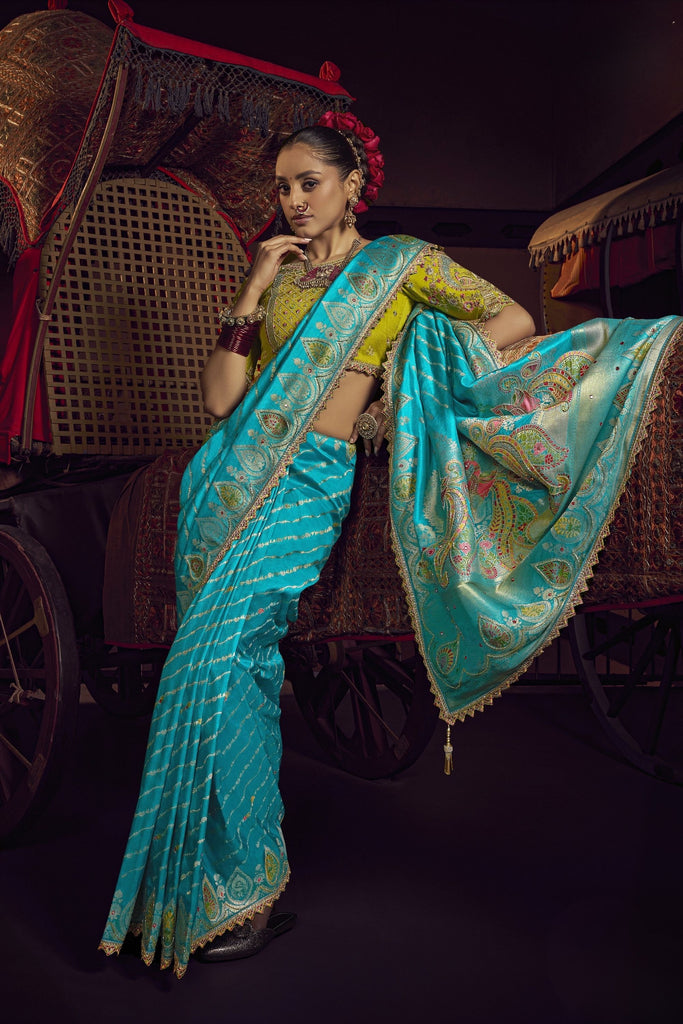 Royal Turquoise Blue Viscose Dola Silk Saree Zari Embroidery for Women