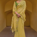 Light Yellow Floral Embroidered Designer Saree with Embroidered Border