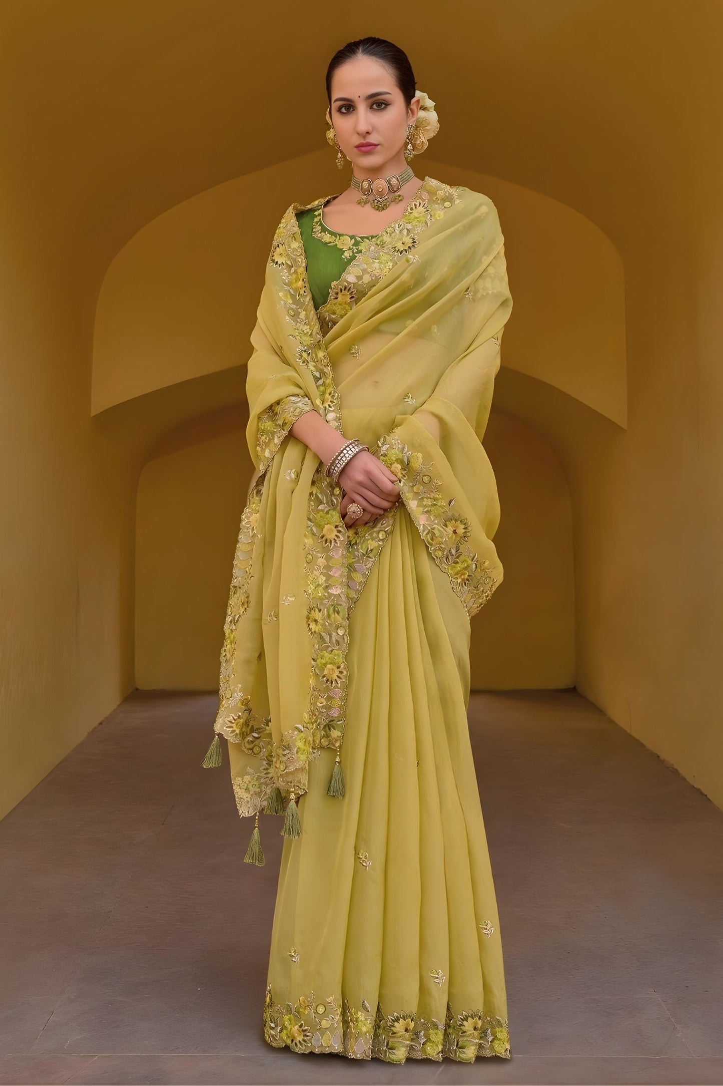 Light Yellow Floral Embroidered Designer Saree with Embroidered Border