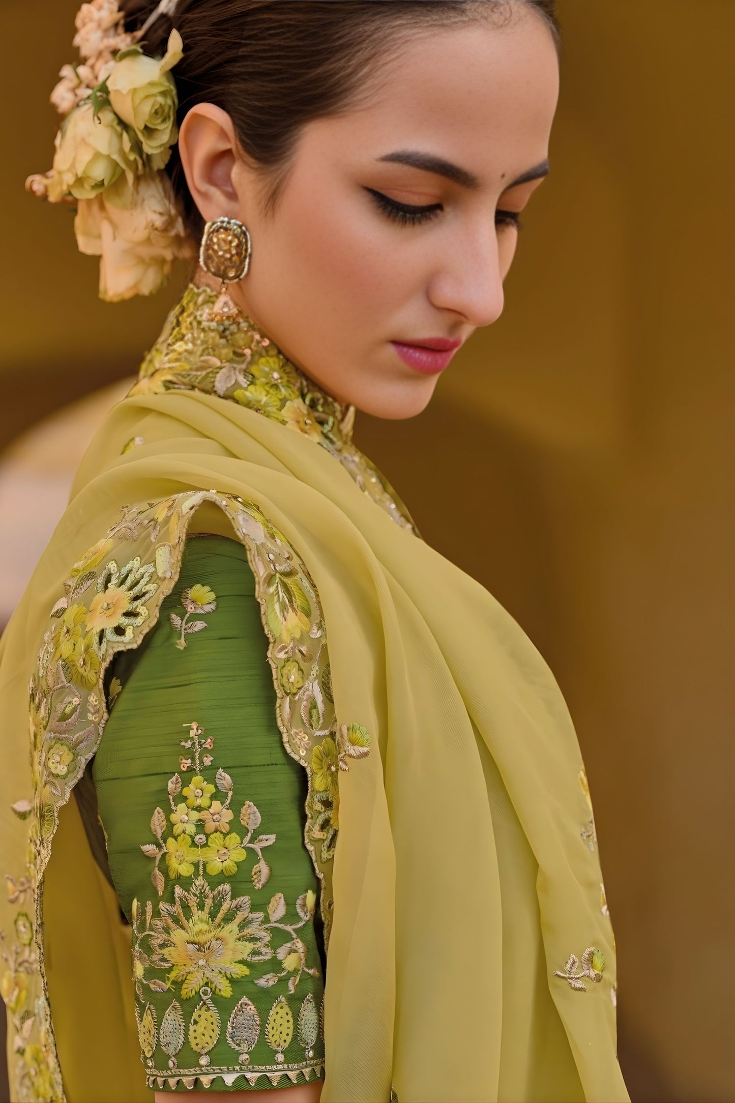 Light Yellow Floral Embroidered Designer Saree with Embroidered Border