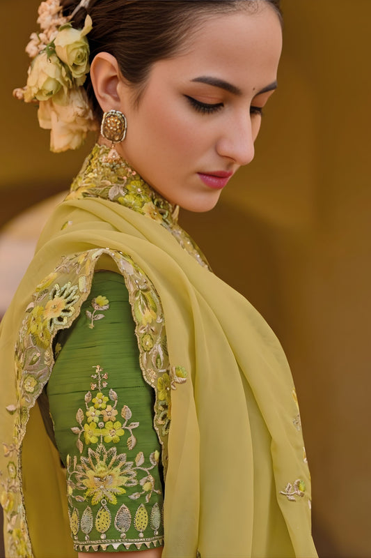Light Yellow Floral Embroidered Designer Saree with Embroidered Border
