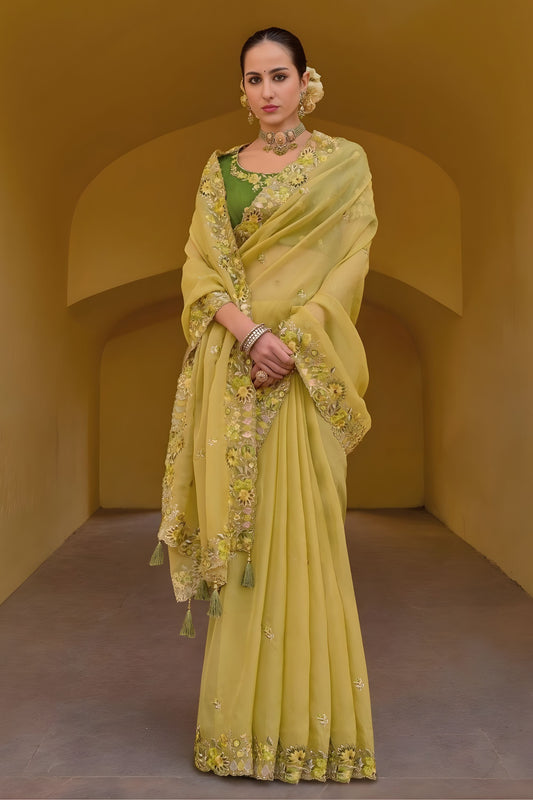Light Yellow Floral Embroidered Designer Saree with Embroidered Border