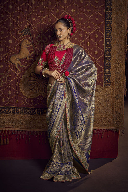 Stylish Purple Green Viscose Dola Silk Saree Zari Embroidery Work for Women