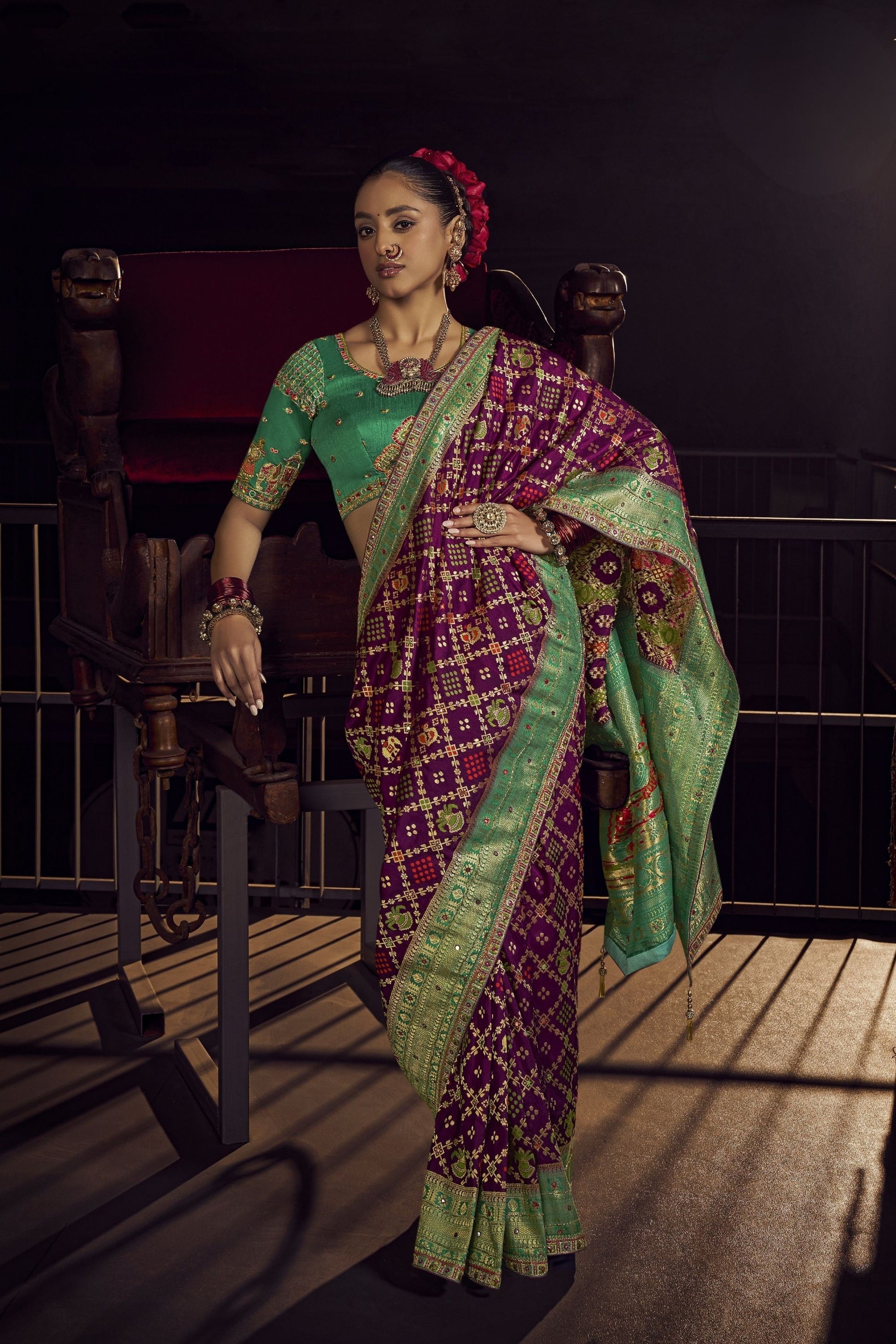 Stylish Purple Green Viscose Dola Silk Saree Zari Embroidery Work for Women