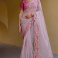Soft Pink Floral Embroidered Designer Saree with Embroidered Border