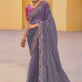 Grey Floral Embroidered Designer Saree with Embroidered Border