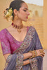 Grey Floral Embroidered Designer Saree with Embroidered Border