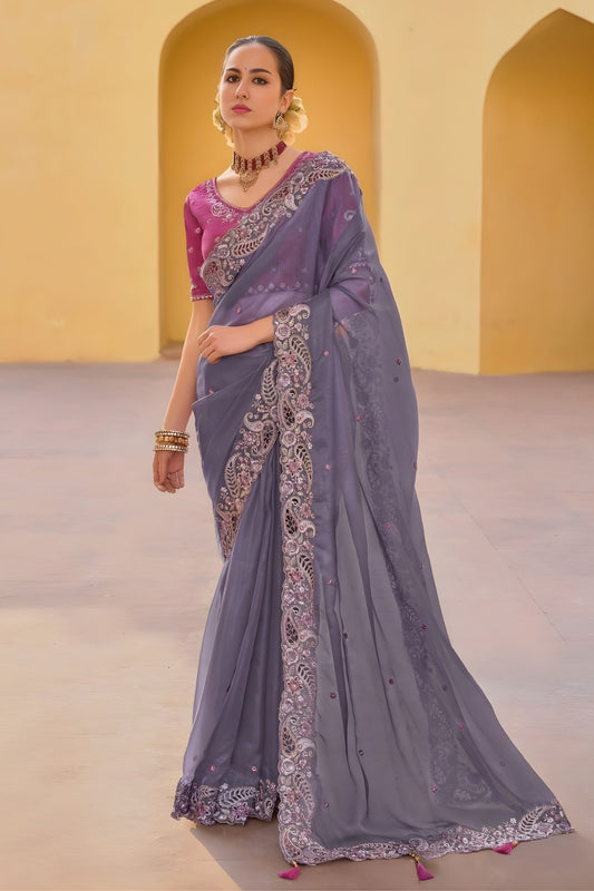 Grey Floral Embroidered Designer Saree with Embroidered Border