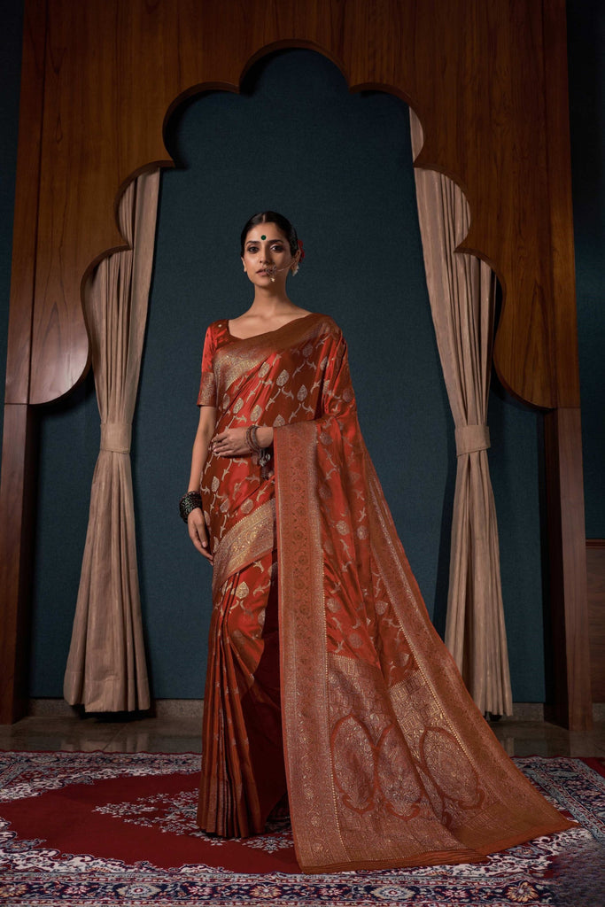 Captivating Rust Orange Pure Satin Silk Banarasi Weaving Saree for Women