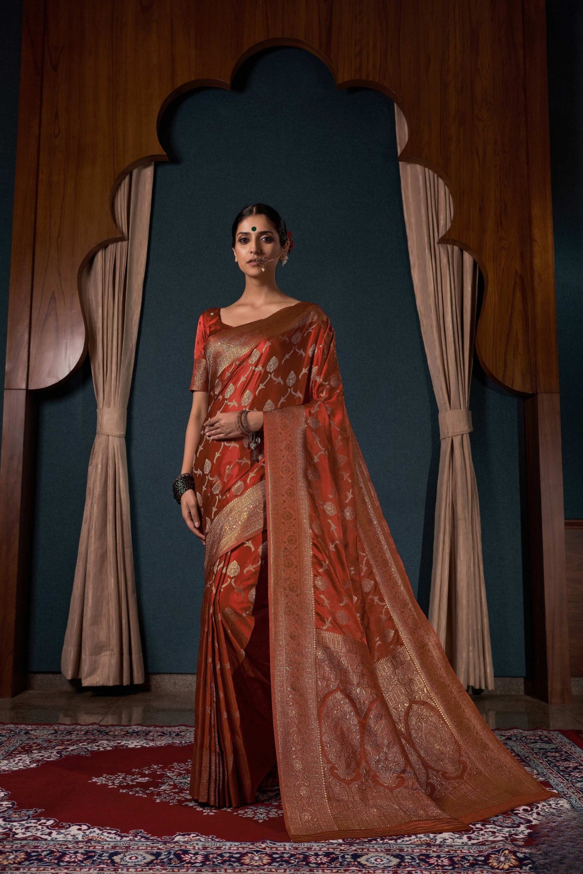 Captivating Rust Orange Pure Satin Silk Banarasi Weaving Saree for Women