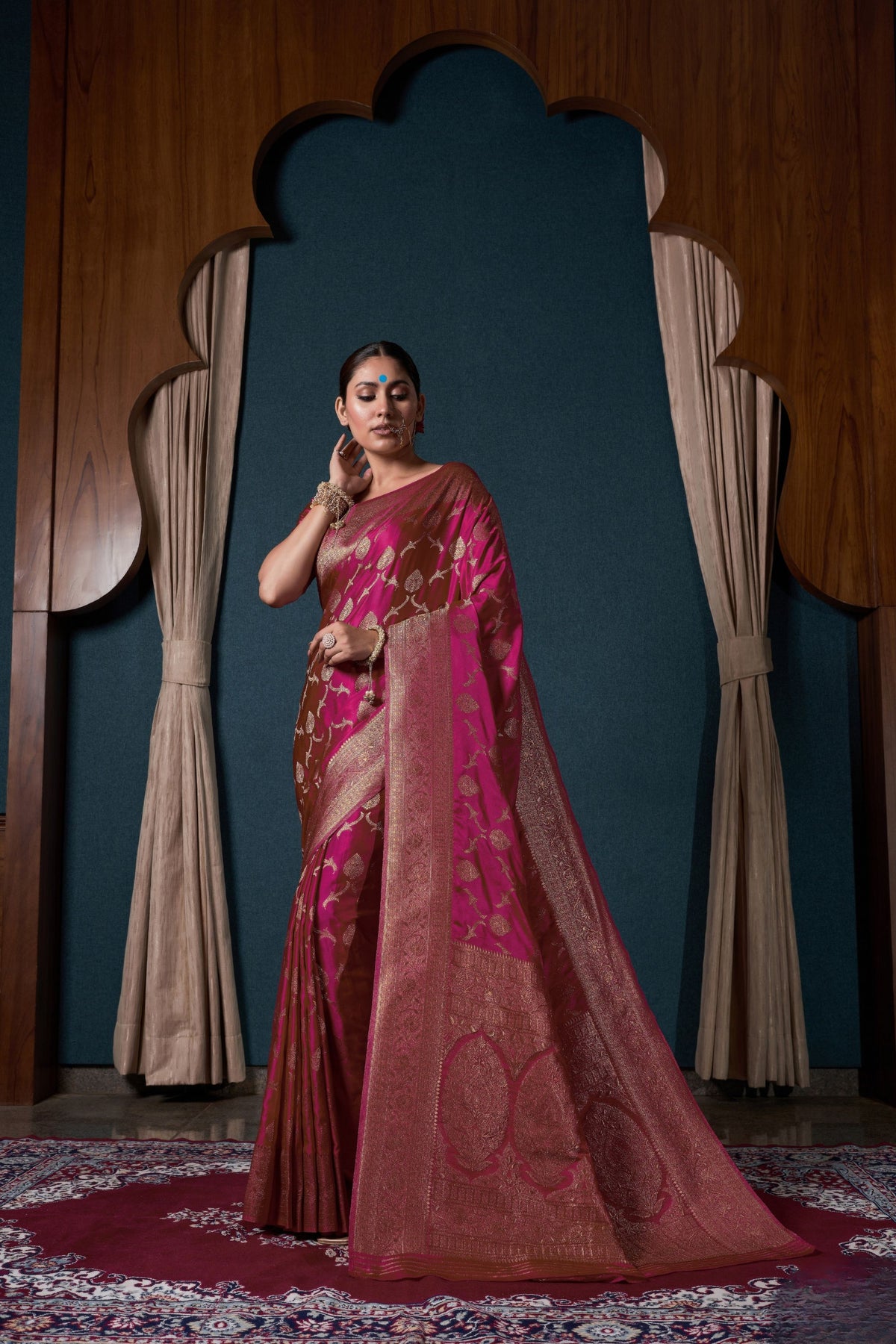 Stunning Rani Pink Pure Satin Silk Banarasi Weaving Saree for Women