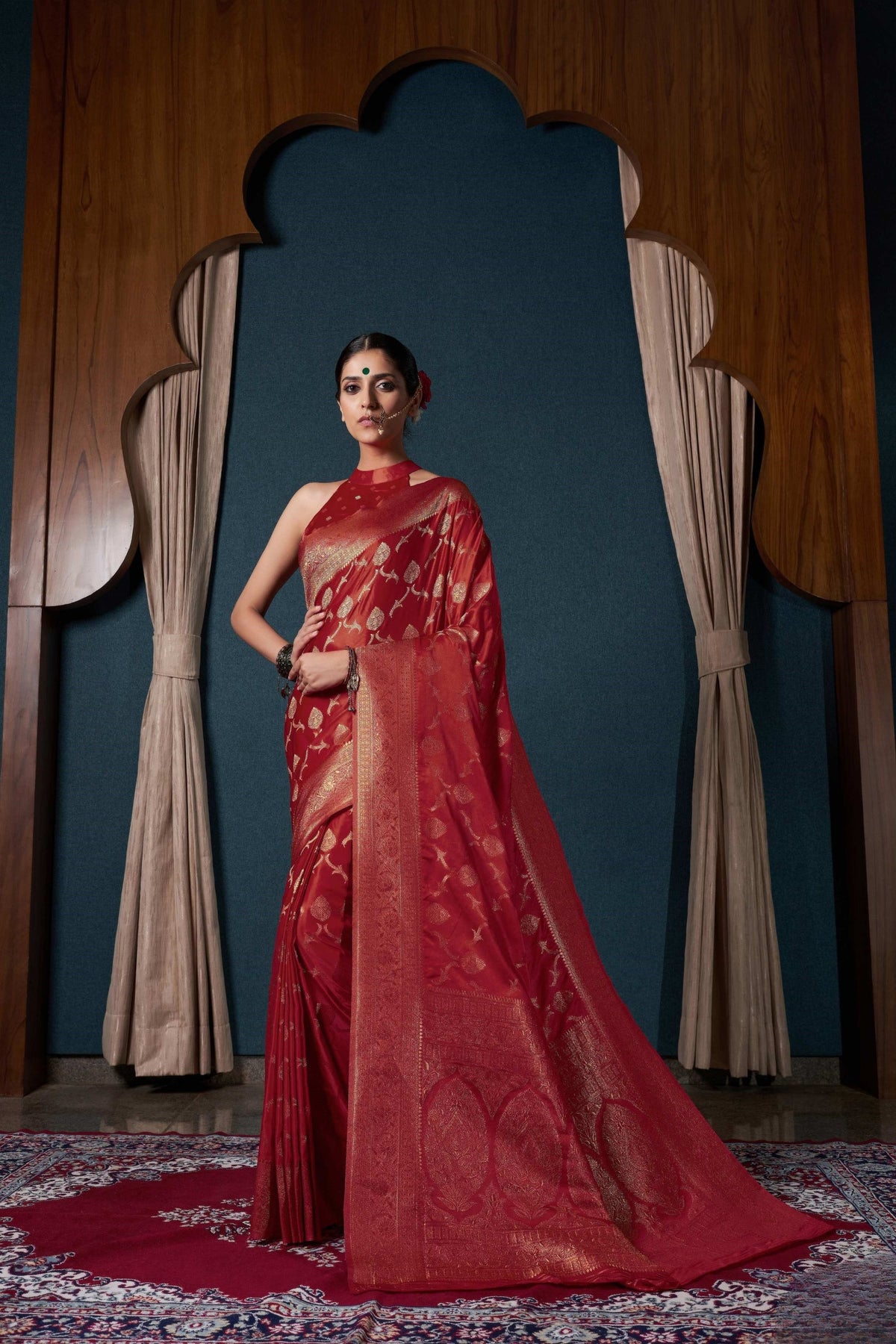 Magnificent Red Pure Satin Silk Banarasi Weaving Saree for Women