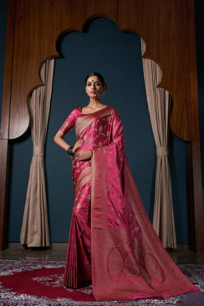 Radiant Purple Pure Satin Silk Banarasi Weaving Designer Saree for Women