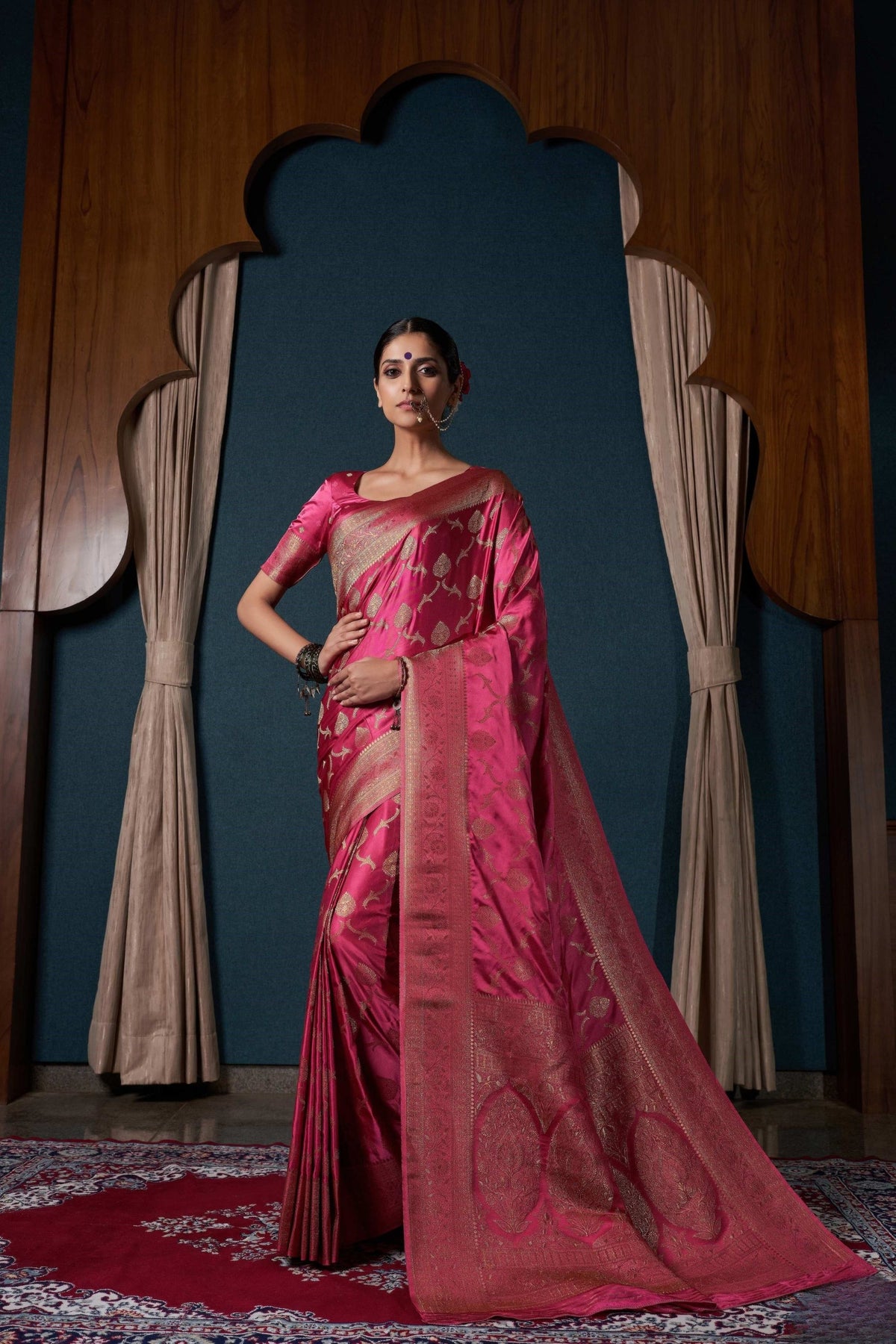Radiant Purple Pure Satin Silk Banarasi Weaving Designer Saree for Women