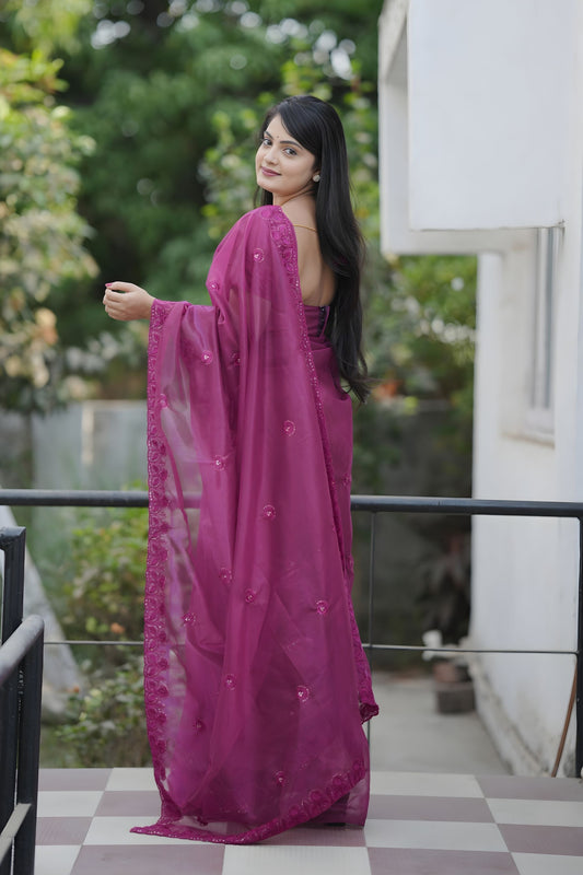 Wine Purple Organza Saree Embroidered Border Designer Blouse