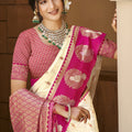 Cream Rani Pink Banarasi Silk Saree Gold Zari Peacock Motifs Saree