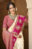 Cream Rani Pink Banarasi Silk Saree Gold Zari Peacock Motifs Saree