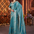Teal Silk Saree with Zari Embroidery Butti Work Designer Blouse