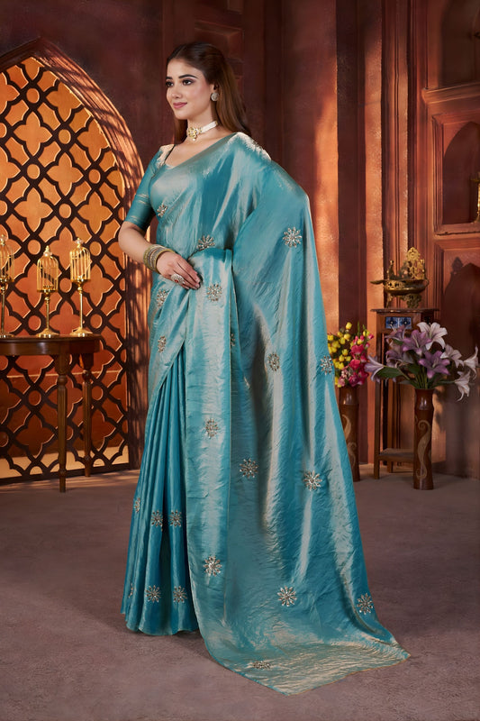 Teal Silk Saree with Zari Embroidery Butti Work Designer Blouse