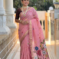Pink Linen Silk Saree with Multicolor Floral Print Woven Border