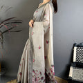 Grey Linen Cotton Saree Floral Hand Block Print Traditional Border